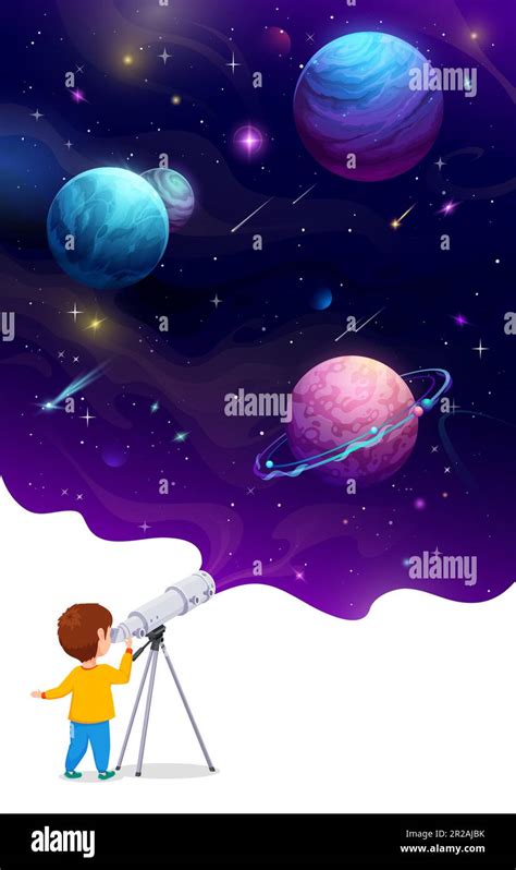 Niño pequeño con telescopio Paisaje espacial de dibujos animados en el