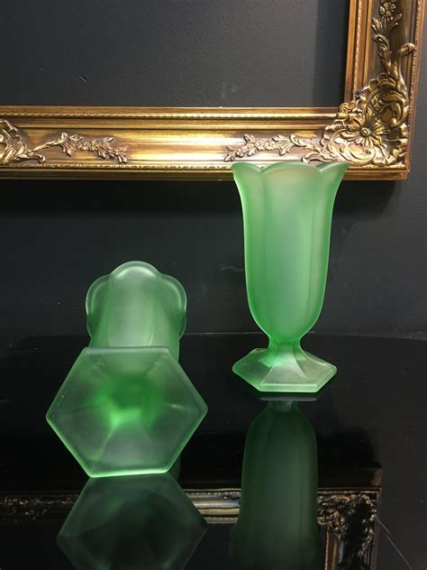 Pair Of Art Deco Frosted Glass Vases Elegant Green Morning Etsy