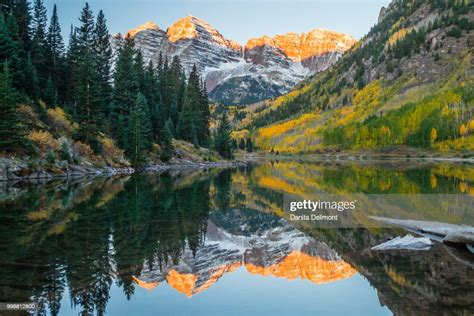 Mountain Lake Reflections In Autumn Sunrise Maroon Bells Colorado Usa