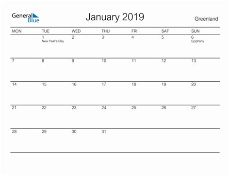 Printable January 2019 Monthly Calendar With Holidays For Greenland