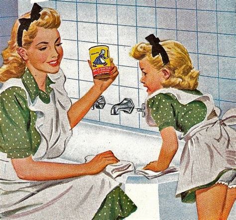 mother daughter bathtub scrub team ~ ca 1940s retro life vintage artwork vintage