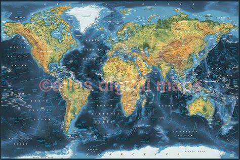 World Map Canvas Navy Land And Ocean Physical Rolledstd Etsy Uk