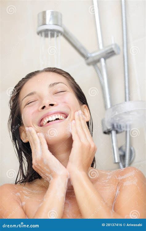 Woman Washing Face In Shower Stock Photo Image Of Lady Foam 28137416