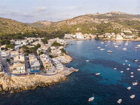 Spain Balearic Islands Mallorca Aerial View Of Bay Of Sant Elm Stock
