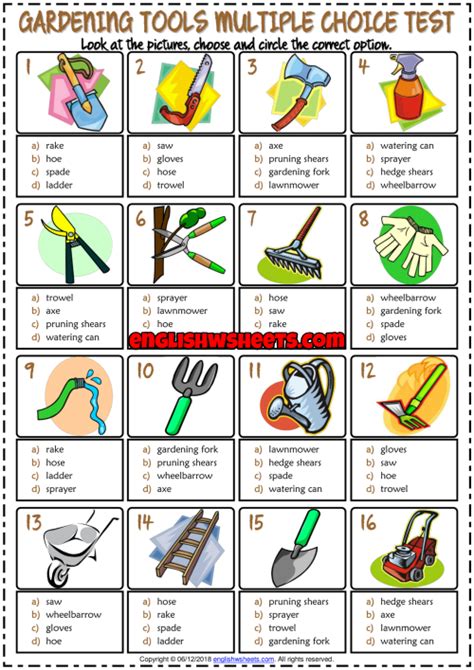 Gardening Tools Esl Printable Multiple Choice Test For Kids Test For