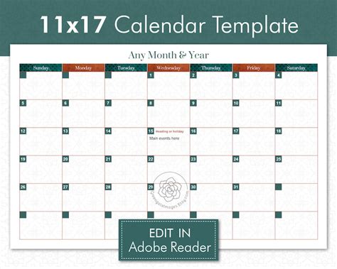 Editable 11x17 Calendar Template Fall Colors Calendar Any Etsy