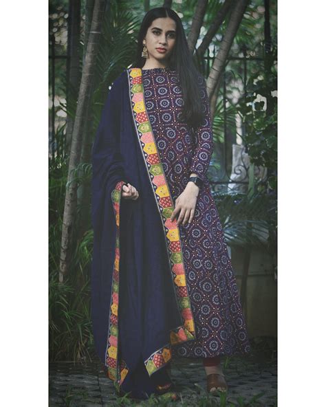 Blue Printed Dress With Solid Blue Dupatta Set Of Two By Tie And Dye Tale The Secret Label