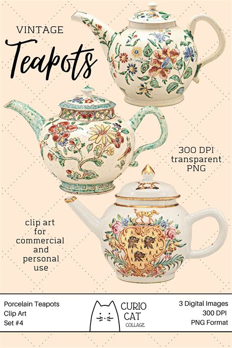 These Antique Clip Art Teapots With Floral Designs Are Perfect For Your