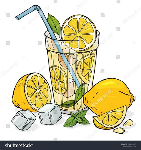 Colorful Vector Illustration In Sketch Style Cool Lemonade In A Glass Cup With Ice And Mint A