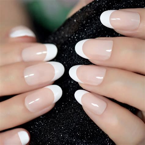 Salon Acrylic French Nails Short Length Ombre Round French Tips Glitter