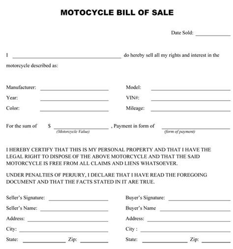 Bill Of Sale Motorcycle Free Printable Documents