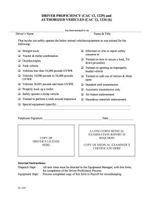 Sample forms for authorized drivers : Chp Driver Proficiency Form California