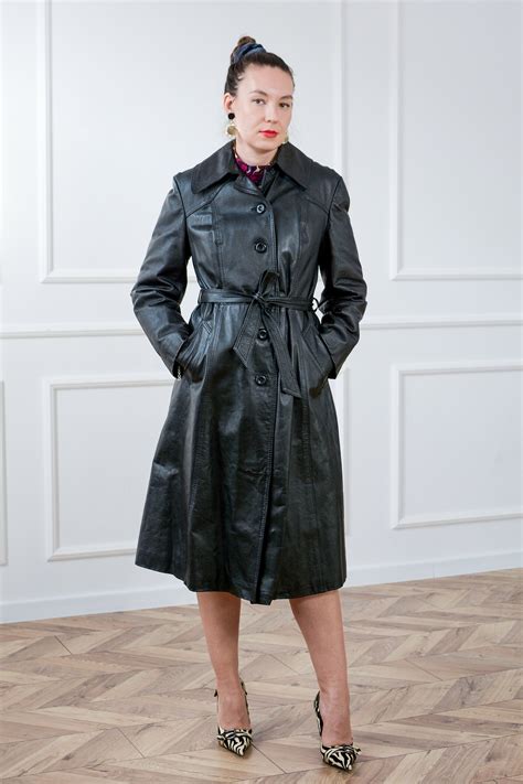 Leather Trench Black Coat Belted Vintage 70s Overcoat Women L Etsy