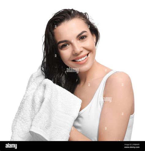 Happy Young Woman Drying Hair With Towel After Washing On White