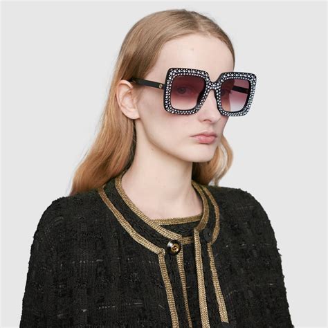 shop the black acetate oversize square sunglasses with crystals at gucci enjoy free