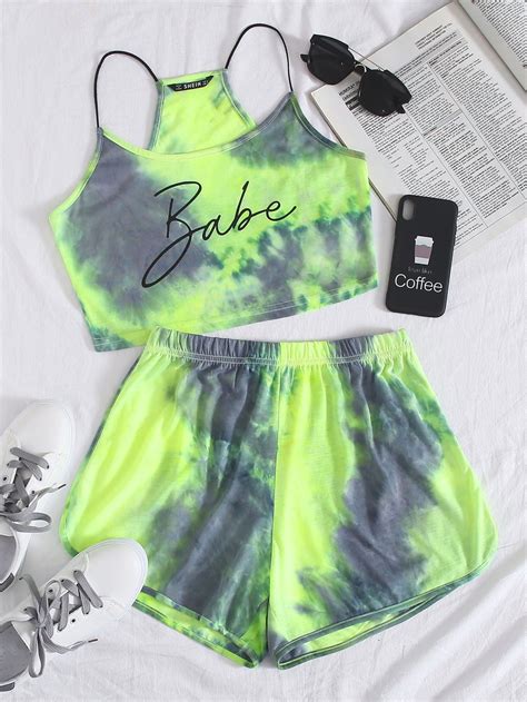 Tie Dye Letter Cami Top And Track Shorts Set Shein Usa Tween Fashion