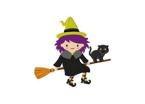 Witch And Cat On Broom Machine Embroidery Design Daily Embroidery