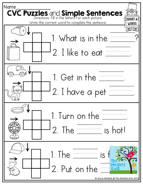 Cvc Crossword Puzzles For Beginning Readers And Simple Sentences With