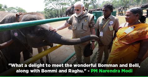 Pm Modi Poses With The Elephant Whisperers Bomman Bellie Raghu And