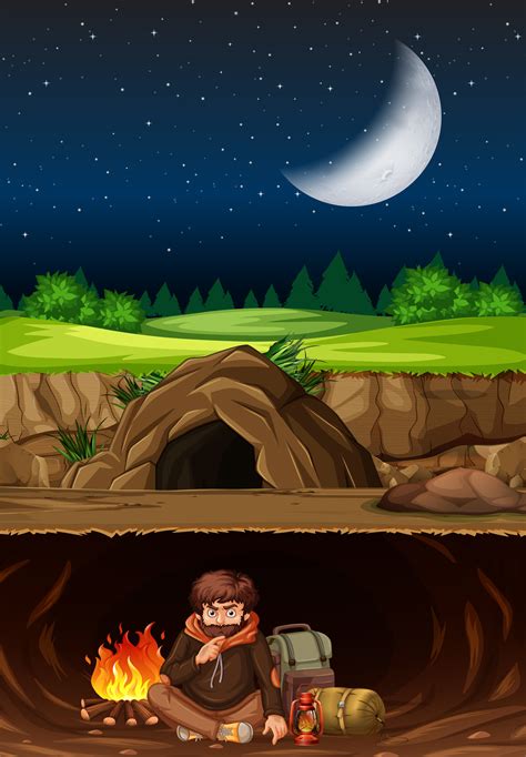 A Man Camping In The Cave 528896 Vector Art At Vecteezy