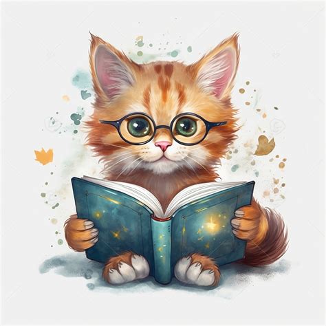 Illustration Artistiques Very Cute Cat Wearing Glasses Reading Book