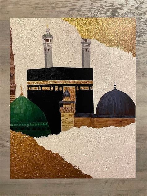 A Painting Of An Islamic Mosque With Two Minalis On The Other Side Of It