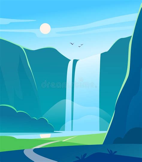 Vector Flat Summer Landscape Illustration With Waterfall River