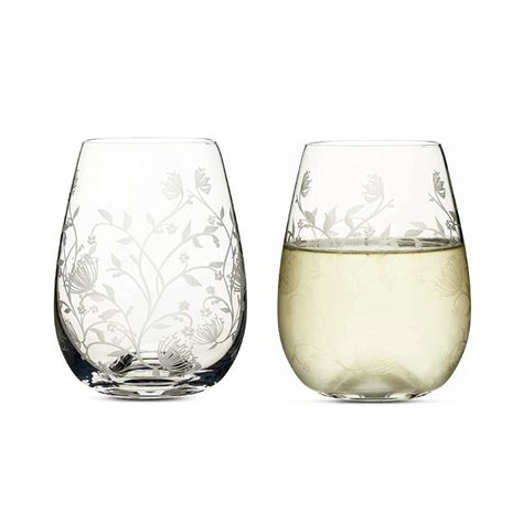 Set Of 2 Eleanor Etched Stemless Wine Glasses By Muldale Floral Stemless Wine Glasses Red Wine