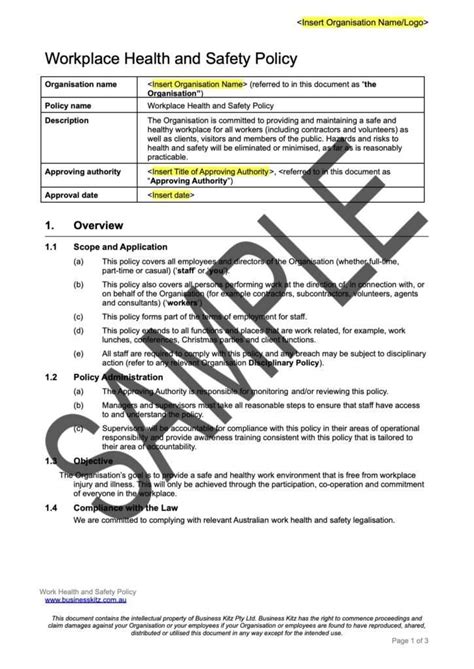 Whs Policy And Procedures Template Business Kitz