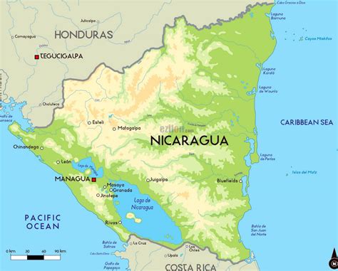 Large Elevation Map Of Nicaragua With Major Cities Nicaragua North