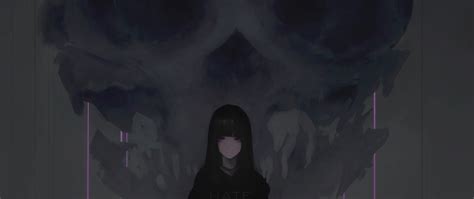 Download Wallpaper 2560x1080 Anime Girl Purple Eyes Dark Skull Dual