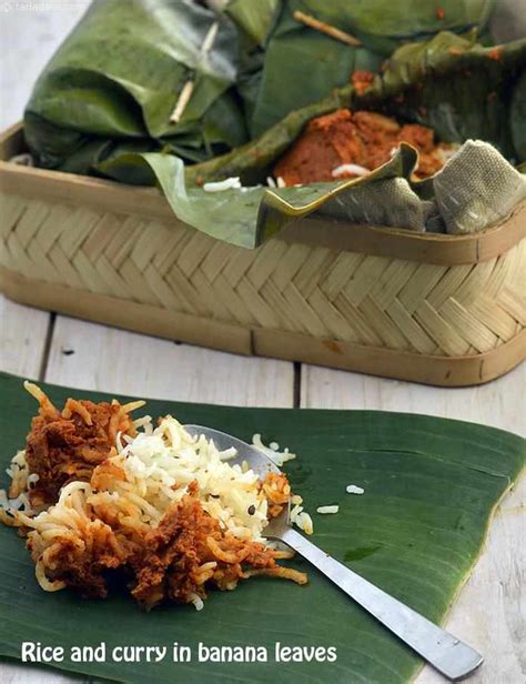 Rice And Curry In Banana Leaves Banana Leaf Rice Recipe Jain Recipes