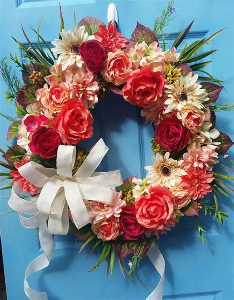 Silk Flower Wreath Spring Wreath Summer Wreath Front Etsy Silk