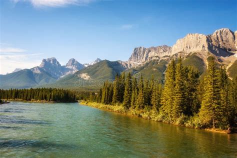 Bow River And Rocky Mountains From Backswamp Viewpoint In Banff