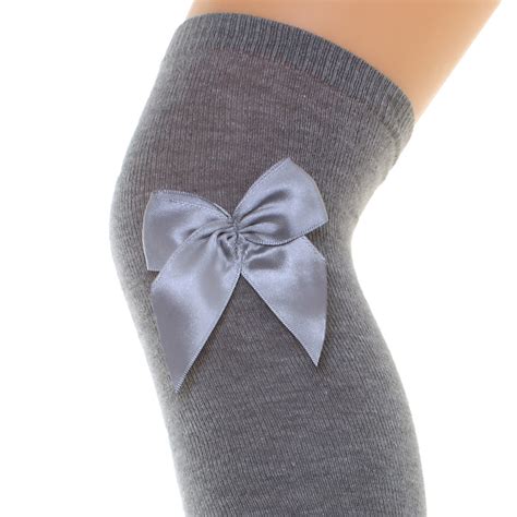 Girls Over Knee Grey Socks With Satin Bows Made In Portugal By Meia Pata