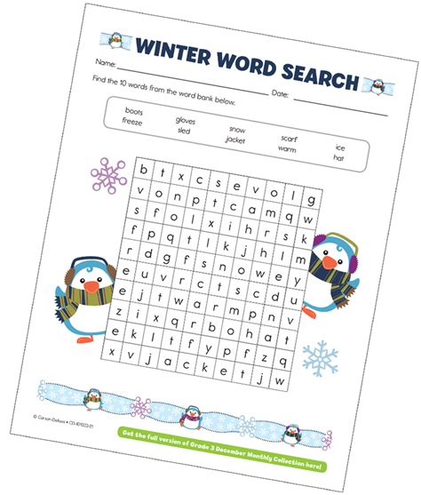 Winter Word Search Grade 3 Free Printable Carson Dellosa