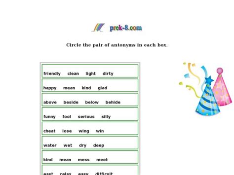 Antonym Pairs Worksheet For 4th Grade Lesson Planet
