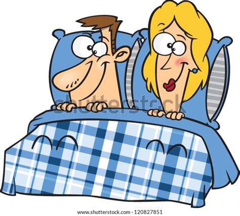 cartoon man and woman couple in bed with a plaid bed spread