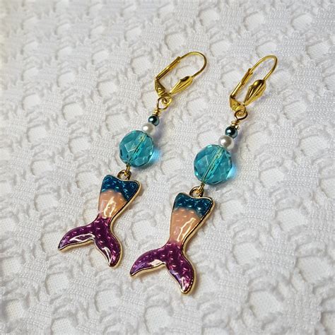 Mermaids Tail Enamel Earrings Mermaid Earrings Teal Etsy In 2021 Mermaid Earrings Enamel