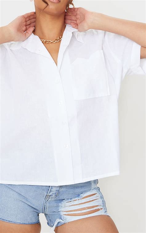 White Linen Feel Boxy Pocket Short Sleeve Shirt Prettylittlething