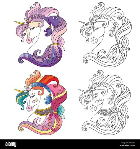 Set Of Two Ornate Unicorns Heads Monochrome With Colorful Template