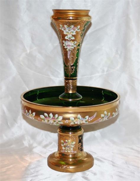 Antique Moser Green Glass Epergne W Raised Gilt Designs Enameled Flowers 15 Tall Ebay