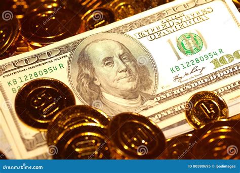 Dollar Bills In Golden Coins Heap Stock Image Image Of Dollar Golden