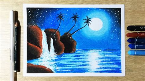 How To Draw Moonlight Waterfall Scenery With Oil Pastel