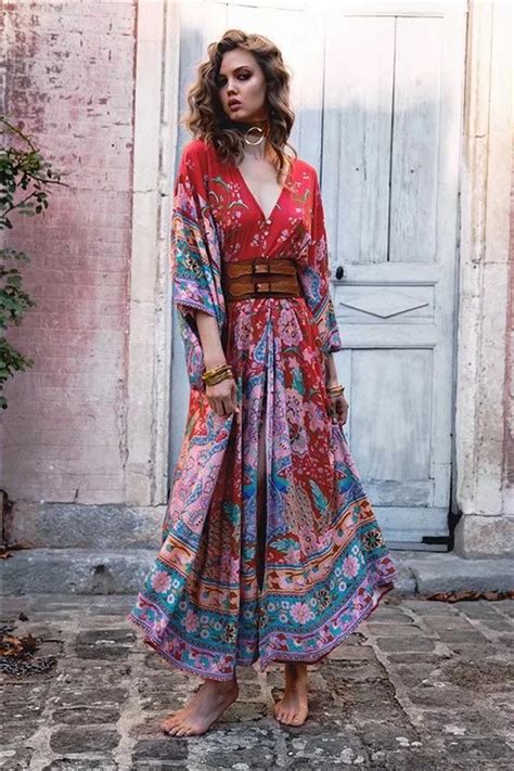 Bohemian Floral Print Maxi Dress Fashion V Neck With Tie Kimono Gown
