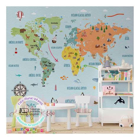 Papel De Parede Foto Mural Infantil Mapa Mundi Ondas