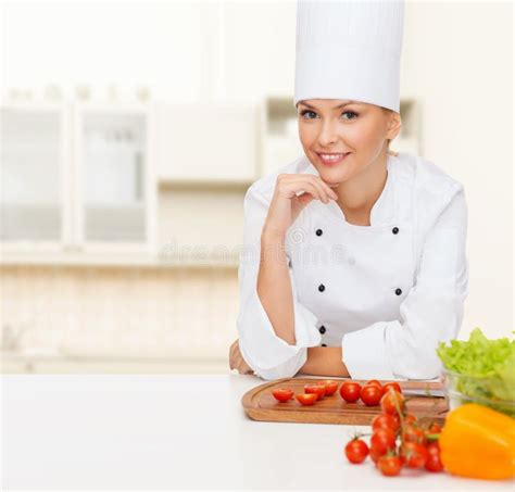 Smiling Female Chef With Vegetables Stock Image Image Of Executive