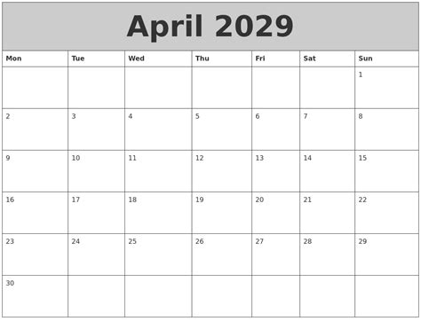 April 2029 My Calendar