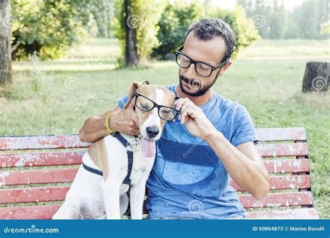 Nearsighted Man With His Dog Wearing Glasses Stock Image Image Of