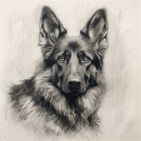 German Shepherd Dog Portrait Sketch On Paper Close Up Pencil Sketch